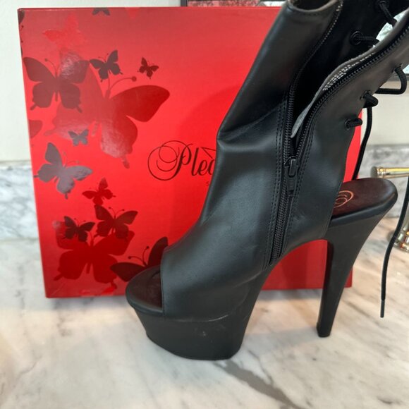 Pleaser Heels, womens shoes, flat black, faux leather, back laced, Delight-1018 - Picture 4 of 6